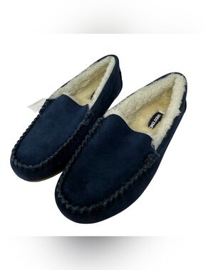 Lands’ End Women’s 6 Blue Suede Leather Moccasin Slippers faux fur lined NWT